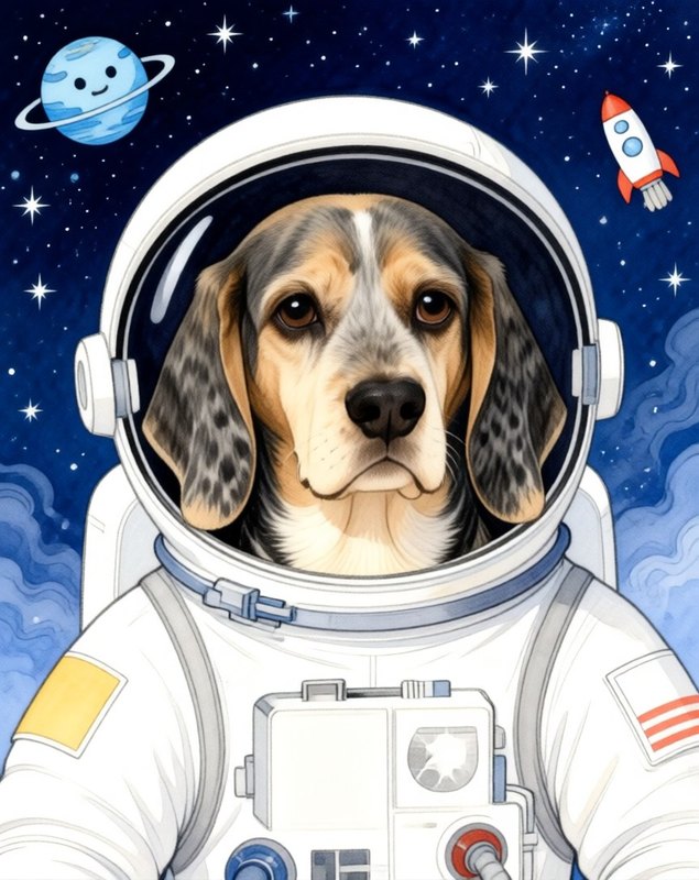 Space Explorer pet portrait sample (AI-generated)