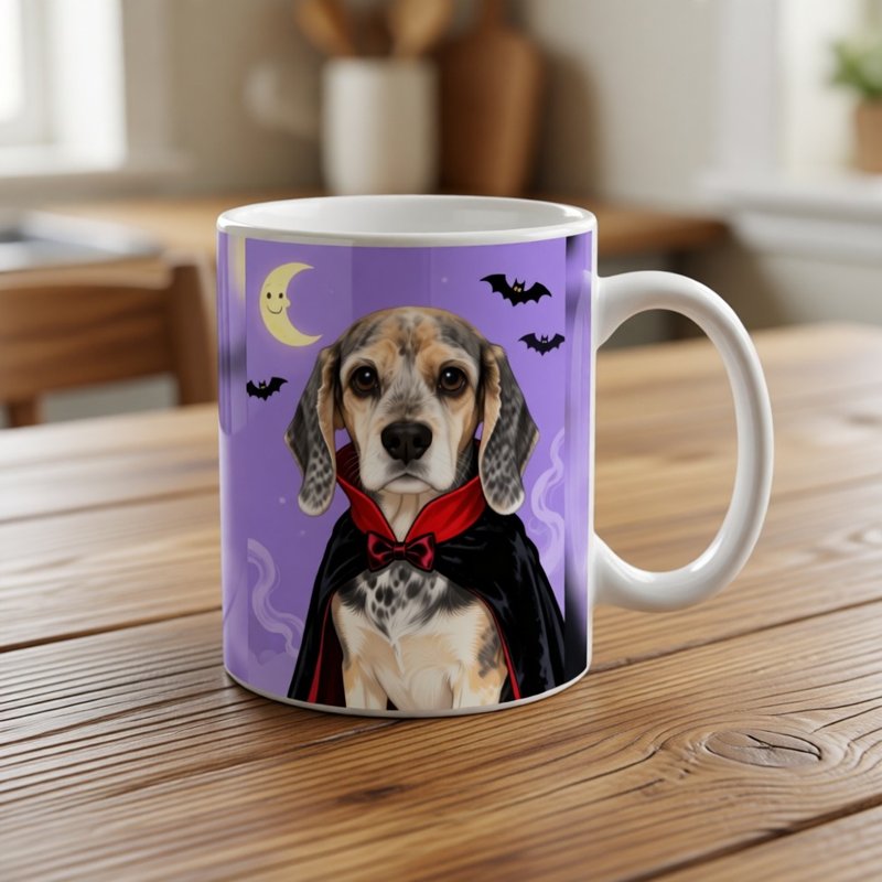 A vampire pet portrait on a white mug (shows Pocket, our own dog)